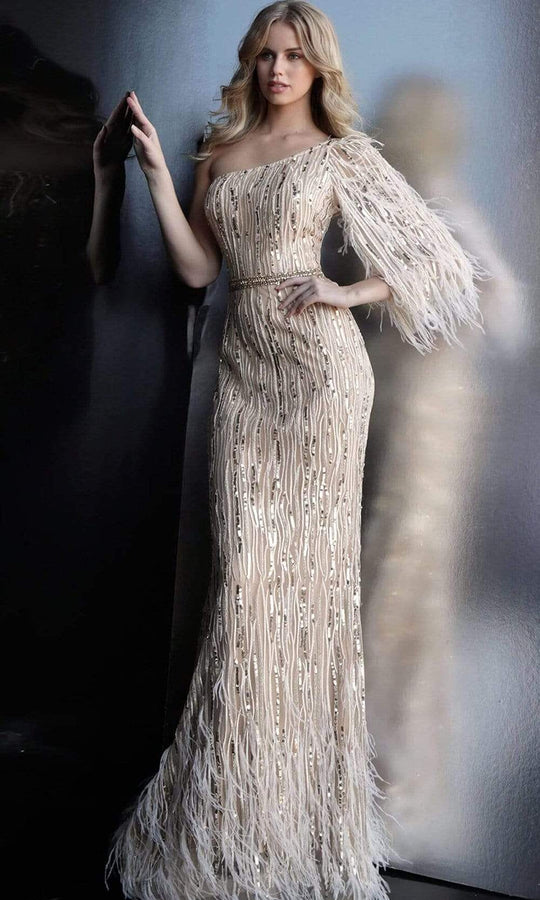 Jovani - 63342 Feathered Bishop Sleeve Asymmetrical Gown