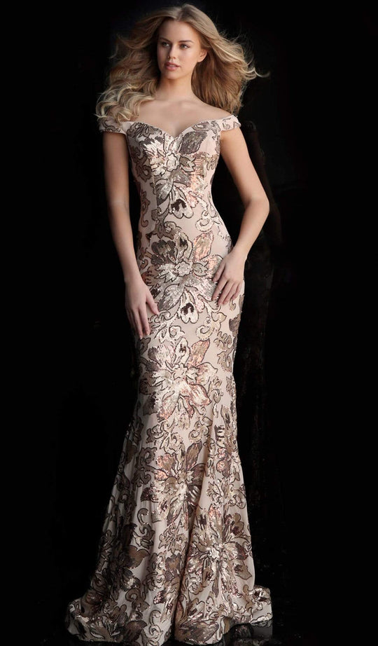 Jovani - 63516 Sequined Off Shoulder Floral Mermaid Gown
