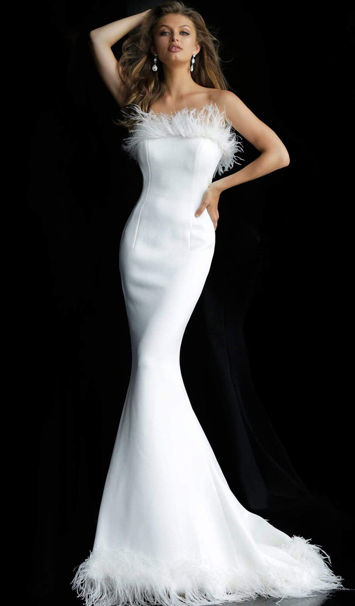 Jovani - 63891 Strapless Feather-Fringed Mermaid Gown Special Occasion Dress 00 / White
