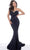 Jovani - 63892 Strapless Feather-Fringed Long Mermaid Gown Evening Dresses 00 / Navy