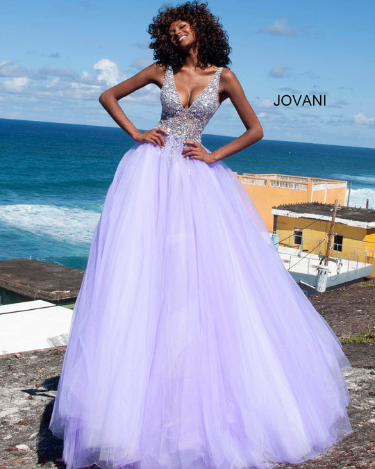 Jovani 65379 - Crystal Embellished Plunging V-neck Ballgown