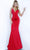 Jovani - 67857 Plunging V-neck Satin Trumpet Dress With Open Back Prom Dresses 00 / Red
