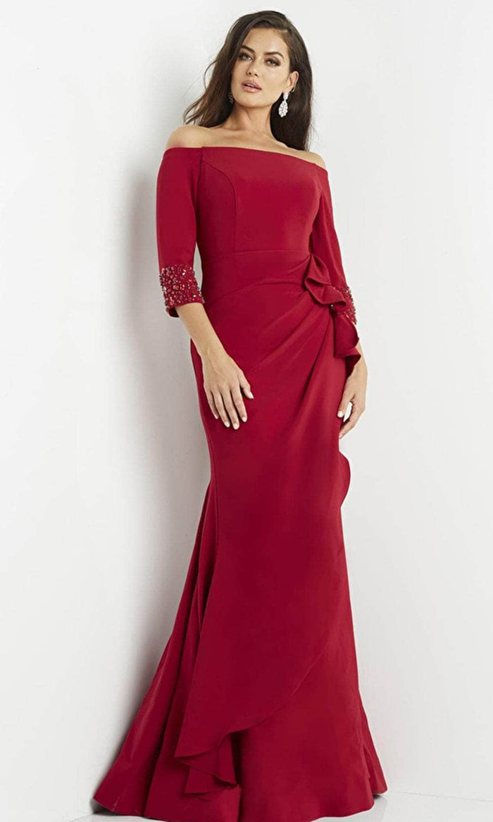 Jovani 8699 - Quarter Sleeve Off-Shoulder Evening Dress Evening Dresses 00 / Cranberry