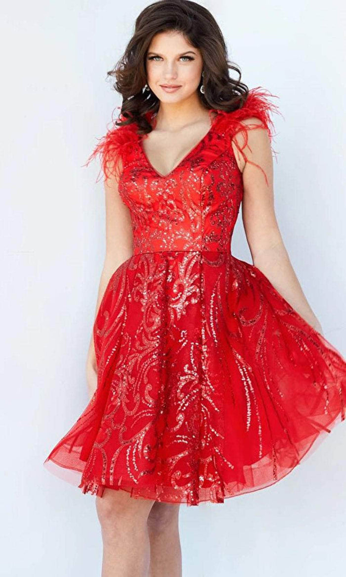 Jovani 9466 - Feather Sleeves Cocktail Dress Special Occasion Dress 00 / Red