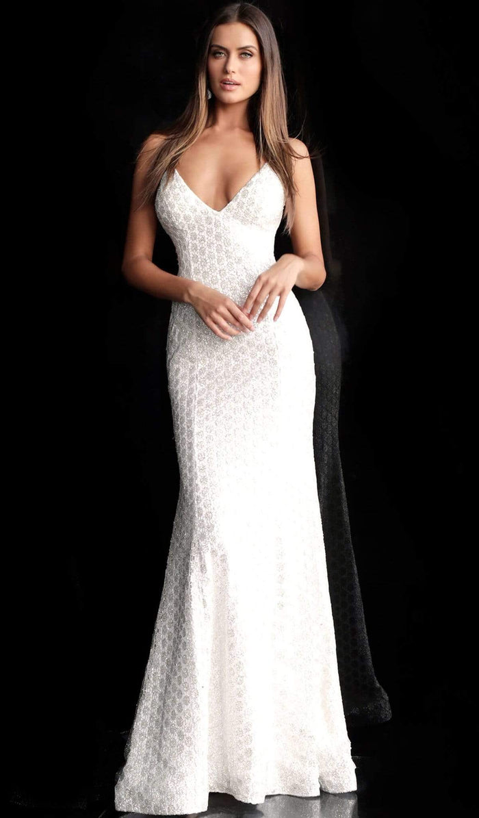 Jovani - Adorned Lace Backless Long Gown 63456SC - 2 pcs Off-White In Size 00 and 10 Available CCSALE 10 / Off-White