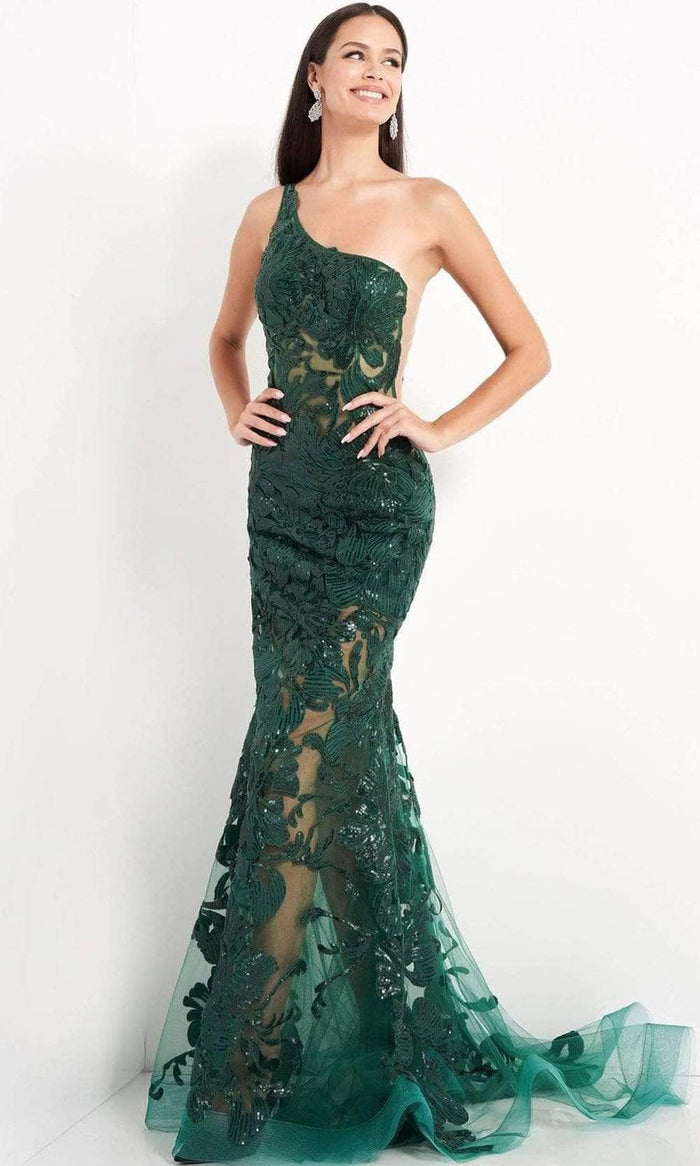 Jovani - Asymmetric Sequin Lace Prom Gown 02895SC - 1 pc Forest In Size 4 Available CCSALE 4 / Forest