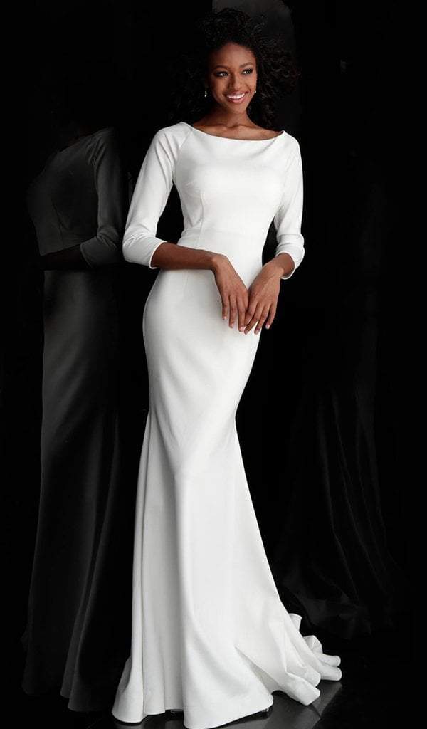 Jovani - Bateau Quarter Length Sleeves Trumpet Evening Gown 67662 - 1 pc Ivory In Size 22 Available CCSALE 22 / Ivory