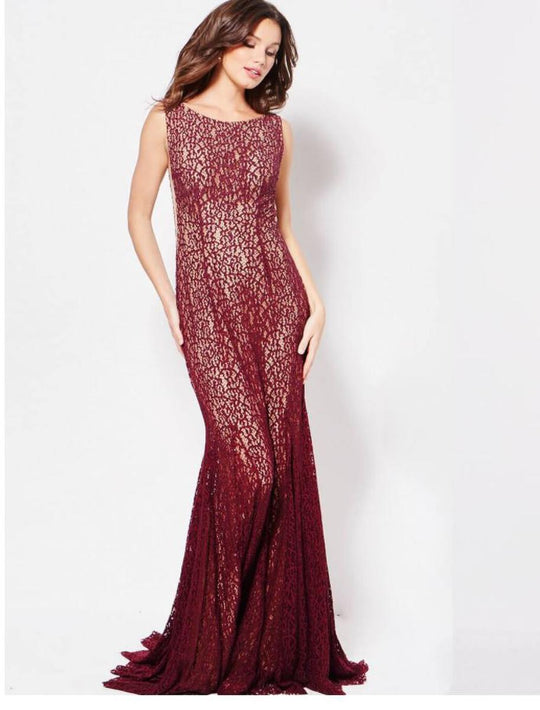 Jovani Bateau Stretch Lace Trumpet Evening Gown 50757SC