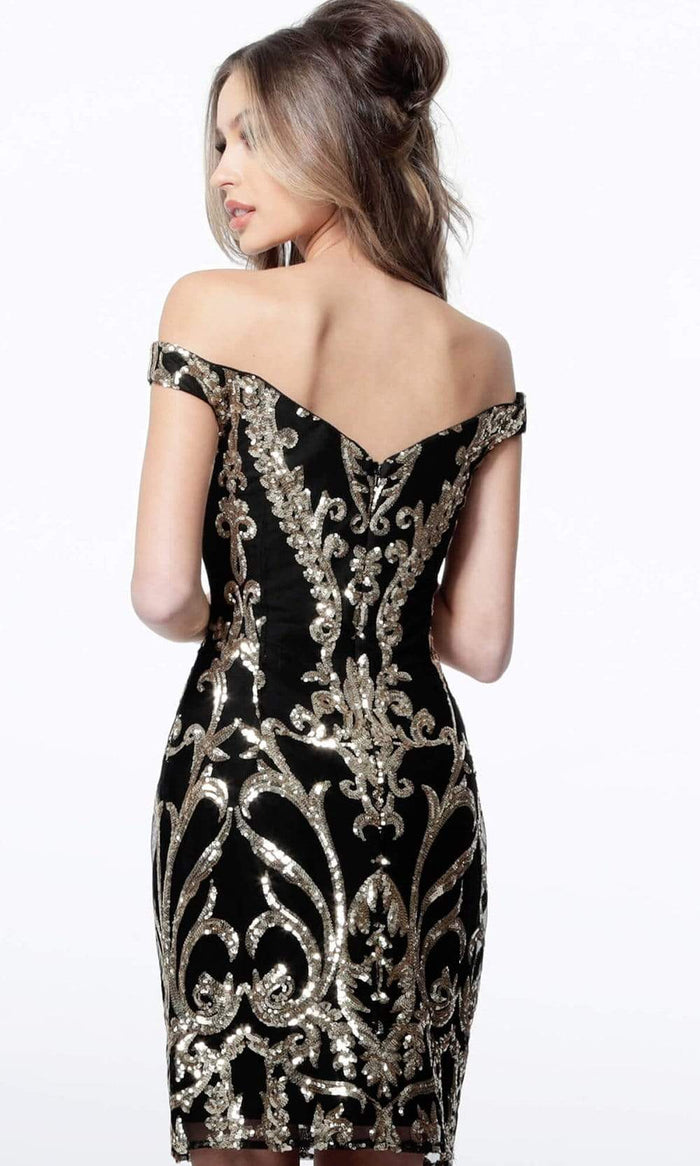 Jovani - Bead Embellished Plunging Off-Shoulder Dress 2666SC - 1 pc Black/RedIn Size 8 Available CCSALE 4 / Black/Gold