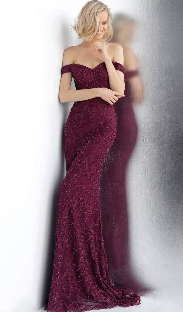 Jovani - Beaded Lace Off-Shoulder Trumpet Evening Gown JVN66695 - 1 pc Navy In Size 0 Available CCSALE 0 / Bordeaux