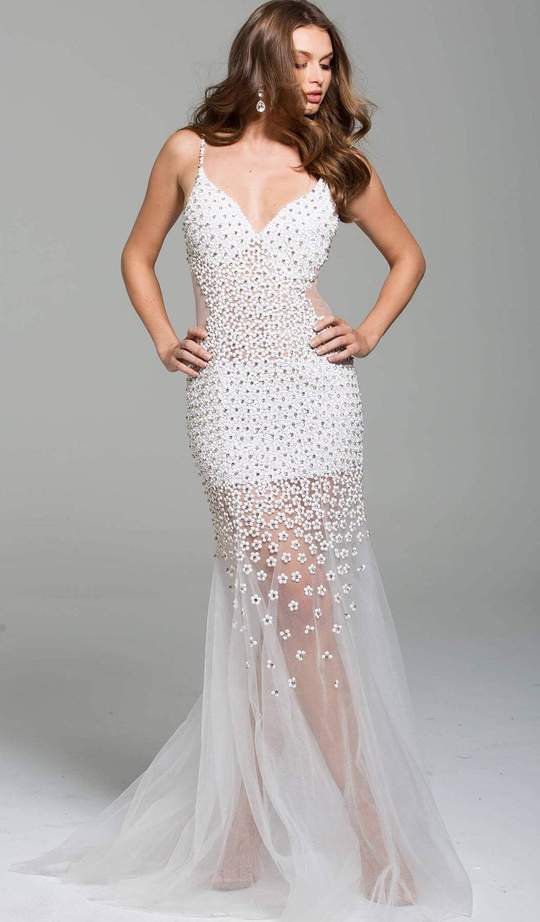 Jovani - Beaded Plunging V-neck Tulle Trumpet Dress 60695SC - 1 pc Off-White In Size 8 Available CCSALE 8 / Off-White