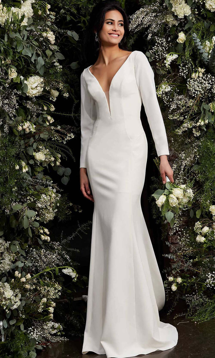Jovani Bridal - JB06911 Plunging V Neck Long Sleeves Bridal Dress Bridal Dresses 00 / Ivory