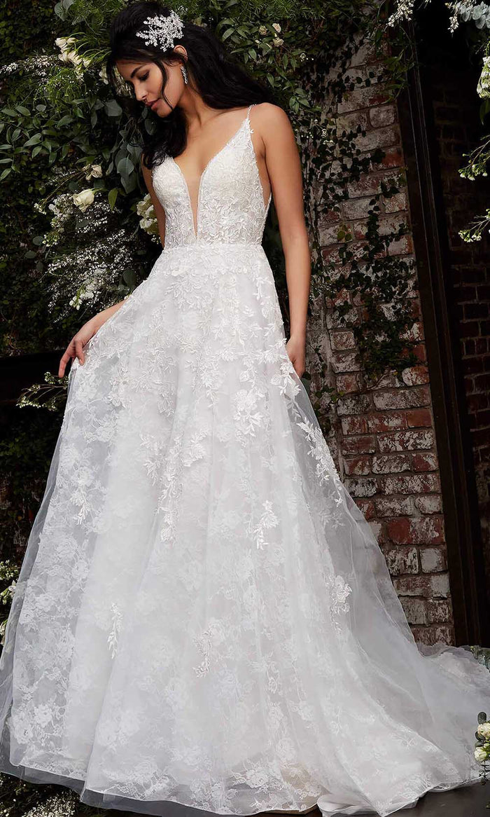 Jovani Bridal - JB07147 Floral Lace Embroidered A-Line Bridal Gown Bridal Dresses 00 / Ivory