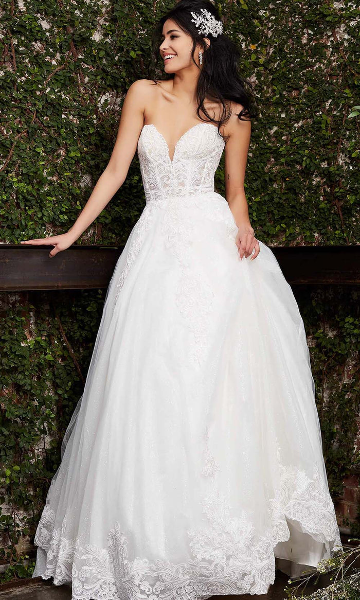 Jovani Bridal - JB07265 Embroidered Applique A-Line Bridal Gown Bridal Dresses 00 / Off-White