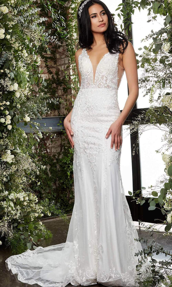 Jovani Bridal - JB07385 Embroidered Lace Sheath Bridal Gown Bridal Dresses 00 / Ivory