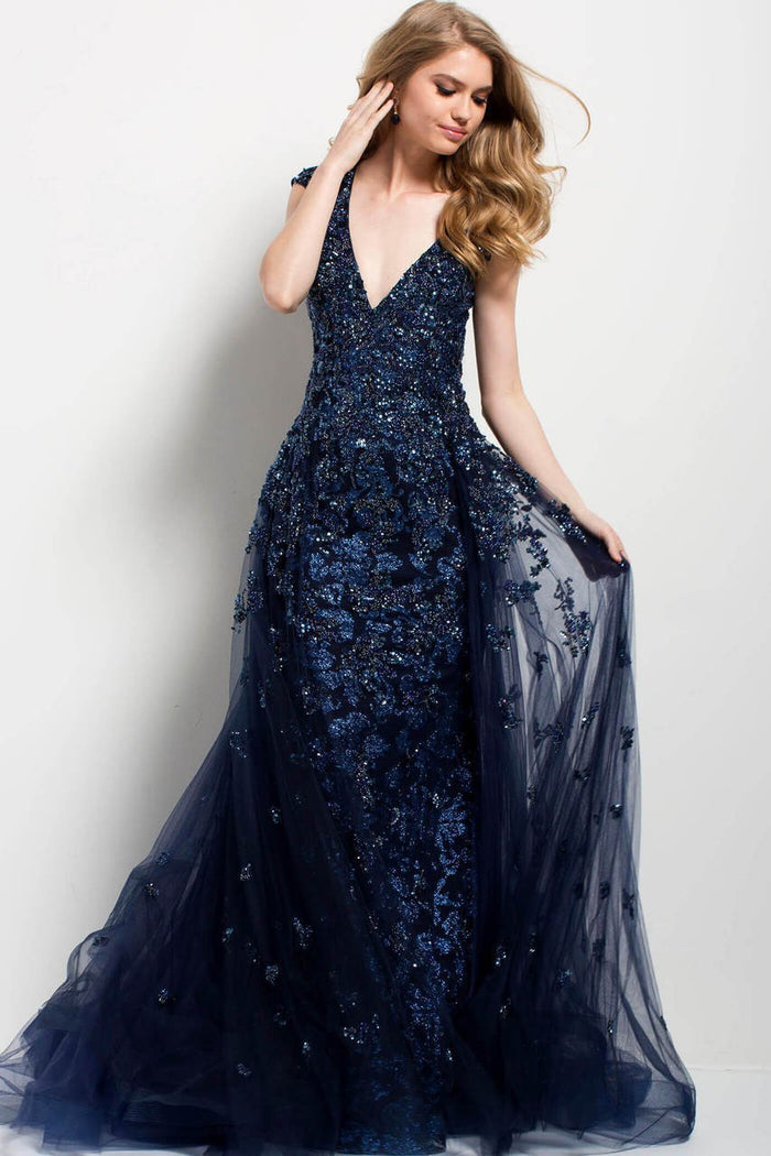 Jovani Cap Sleeve Jeweled Lace A-Line Gown 42739 CCSALE 12 / Navy