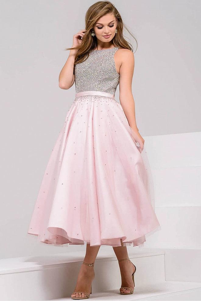 Jovani - Crystal Embellished Bateau Tea Length Dress 48103 - 2 Pcs Blush in Size 6 and 12 Available CCSALE 6 / Blush