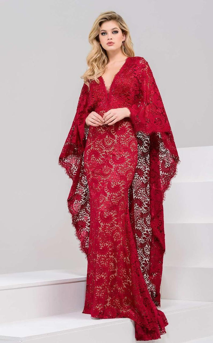 Jovani - Deep V-Neck Sheath Dress 47202 - 1 pc Cranberry In Size 12 Available CCSALE 14 / Cranberry