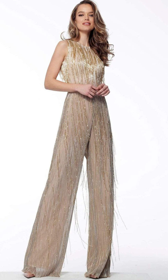 Jovani - Embellished Jewel Neck Long Jumpsuit 67878SC - 1 pc Gold/Nude In Size 8 Available CCSALE 8 / Gold/Nude