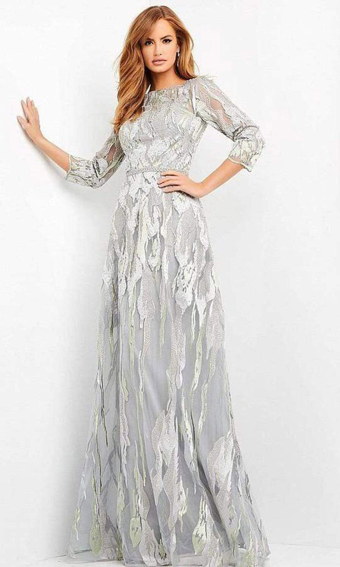 Jovani - Embellished Quarter Sleeves A-Line Dress 04435SC - 1 pc Silver In Size 6 Available CCSALE 6 / Silver