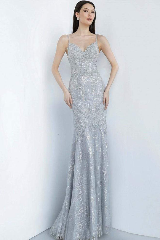 Jovani - Embroidered V-neck Trumpet Evening Gown JVN68134SC - 2 pc Blush In Size 00 and 0 Available CCSALE