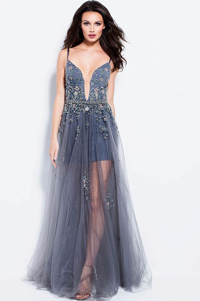 Jovani - Floral Embellished Plunging Tulle Evening Gown 55621 - 1 pc Charcoal In Size 2 Available CCSALE 2 / Charcoal