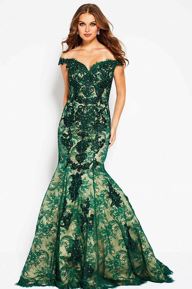 Jovani - Floral Embroidered Off Shoulder Mermaid Gown 54418 CCSALE 4 / Green/Nude