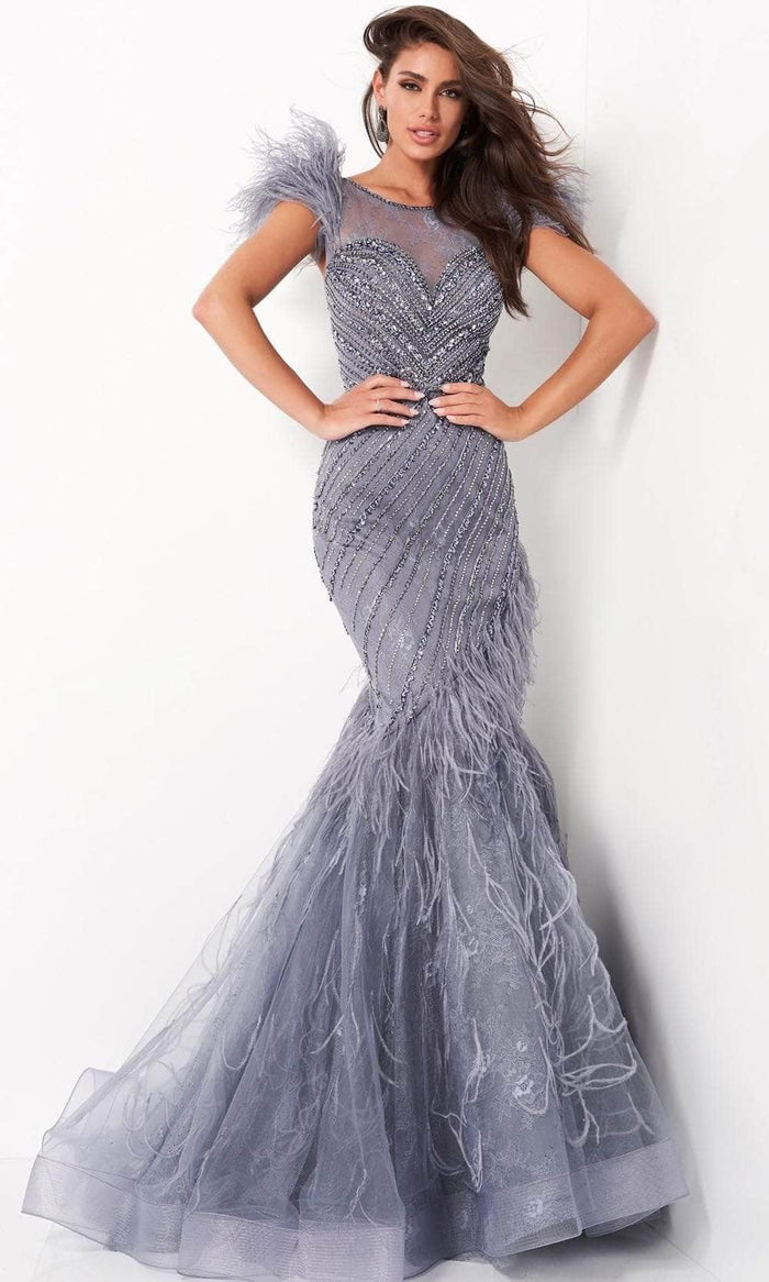 Jovani - Illusion Jewel Trumpet Evening Gown 04702SC - 1 pc Ink In Size 10 Available CCSALE 10 / Ink