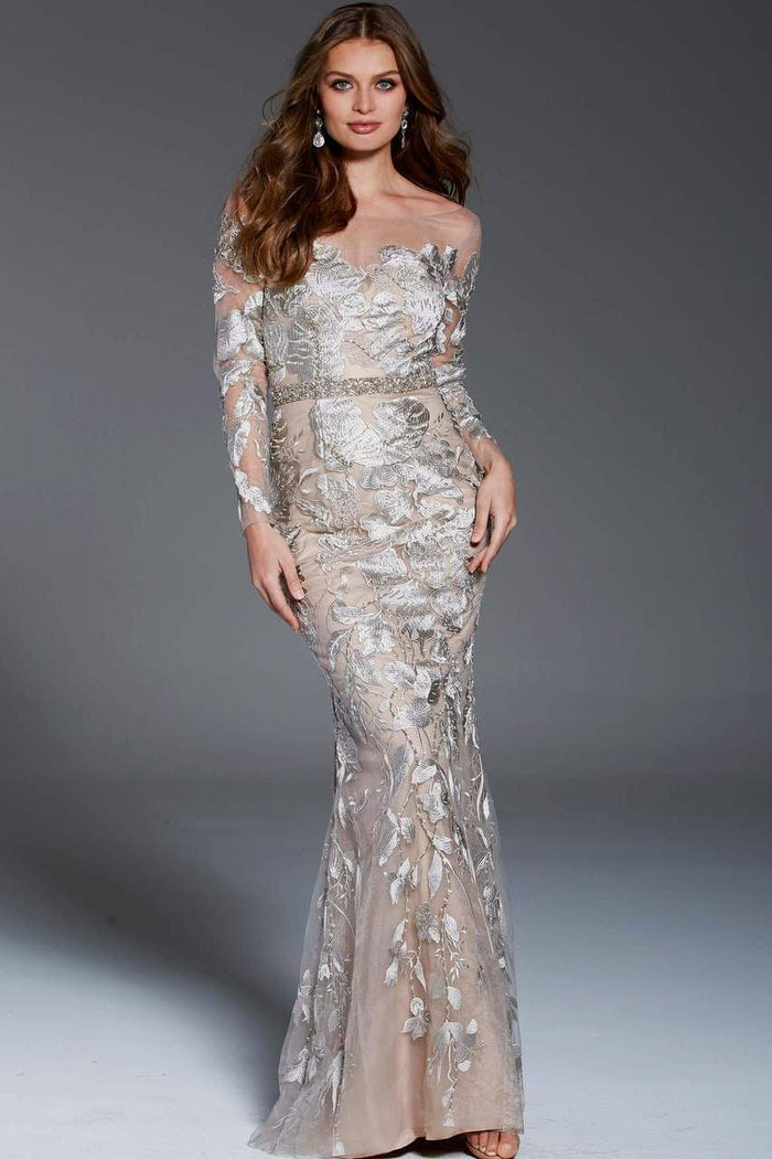 Jovani - Illusion Long Sleeve Foliage Motif Gown 55707SC - 1 pc Champagne in Sizes 6 Available CCSALE 18 / Champagne