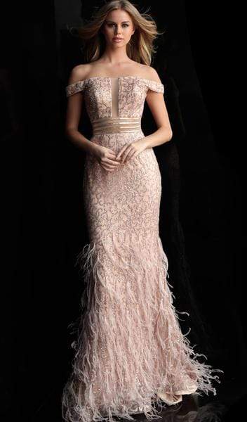 Jovani - Illusion Paneled Off Shoulder Fringed Gown 62744SC - 1 pc Rose/Gold in Size 2 Available CCSALE 2 / Rose/Gold