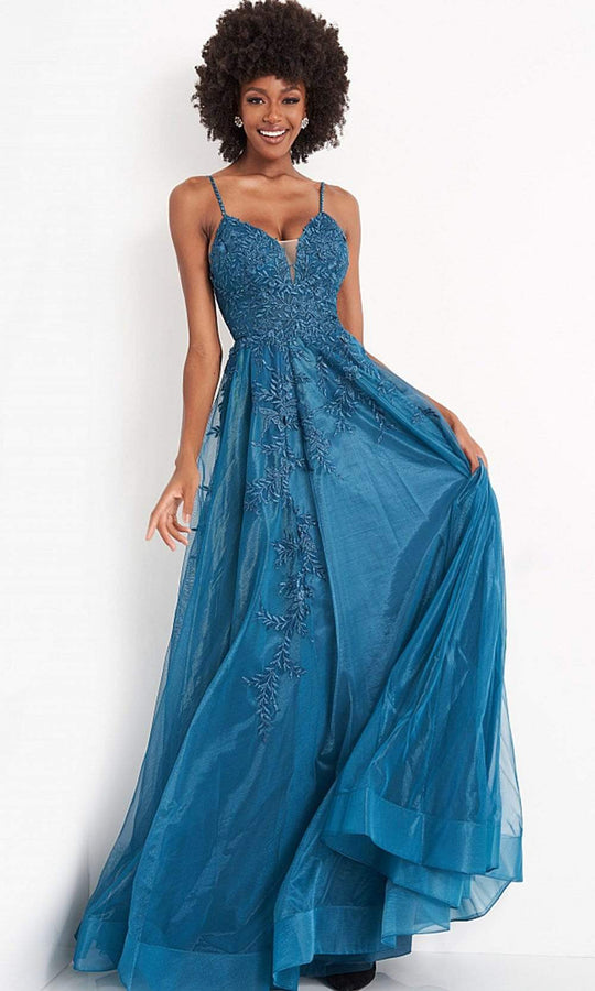 Jovani 02266 - Embroidered Deep V-Neck Junior Prom A-line Gown