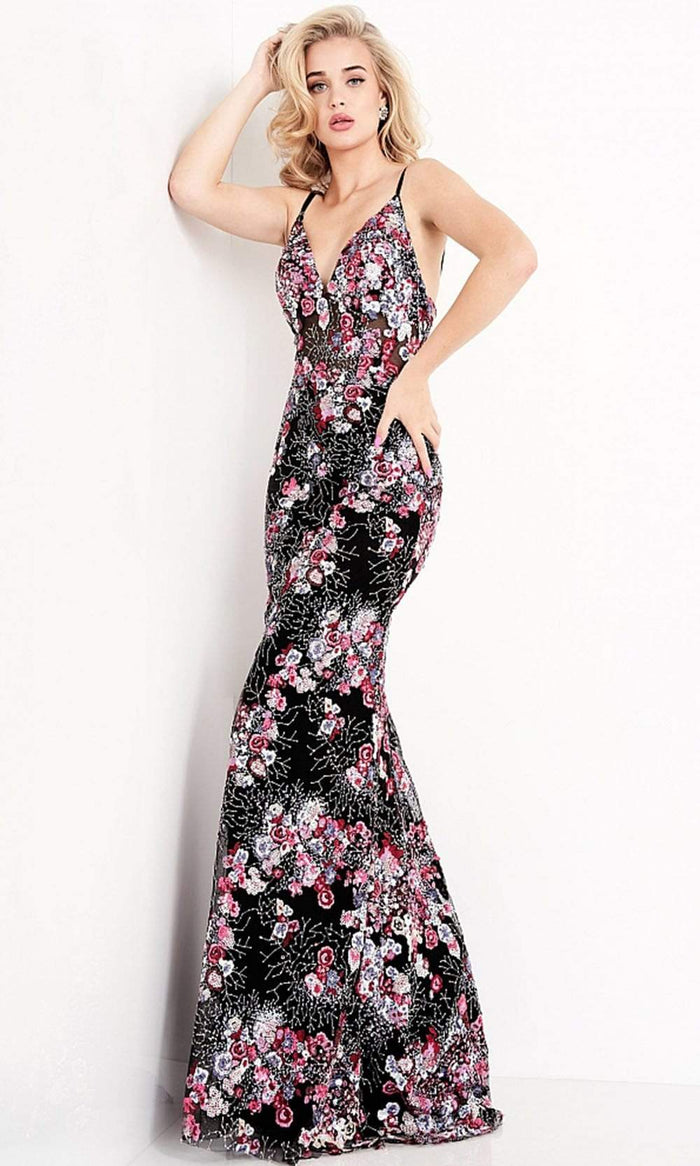 Jovani - JVN05627 Floral Embroidered V Neck Gown Evening Dresses 00 / Multi