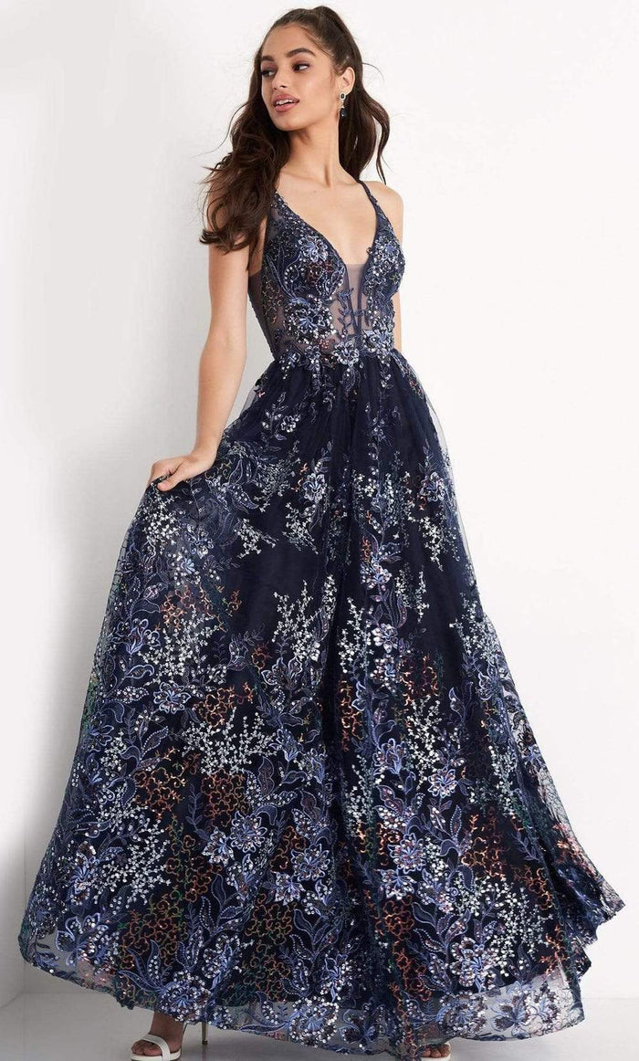 Jovani - JVN06457 Beaded Floral Mesh A-Line Gown Prom Dresses 00 / Navy