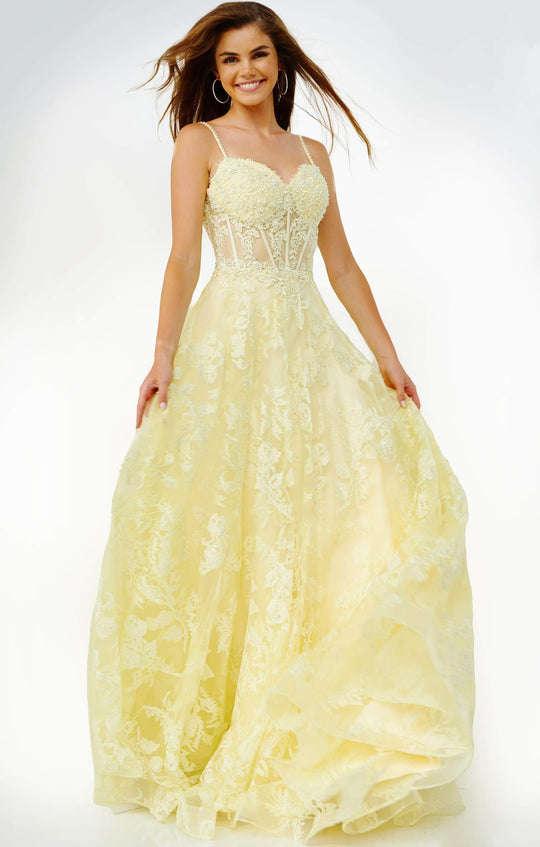 JVN by Jovani JVN06474 - Appliqued Corset Bodice Modest Prom A-Line Gown