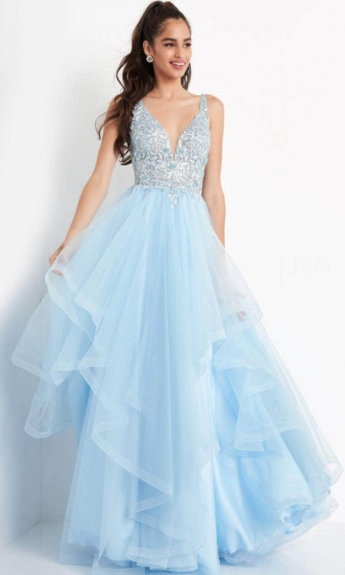Jovani JVN06743 - Sleeveless Plunging V-neck Prom Dress Prom Dresses 00 / Sky-Blue