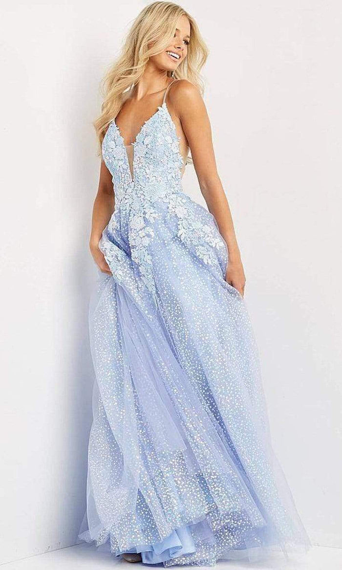 Jovani - JVN07252 Floral Sequined A-line Tulle Gown Prom Dresses 00 / Periwinkle