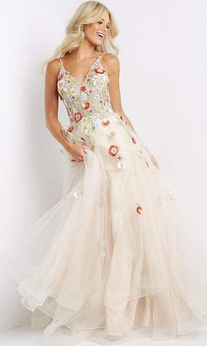 Jovani - JVN08082 Floral Embroidered Organza Dress Prom Dresses 00 / Light Champagne