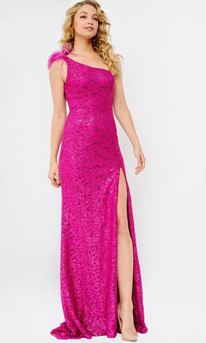 Jovani JVN08175 - Asymmetric Sequin Lace Prom Gown Prom Gown 00 / Fuchsia