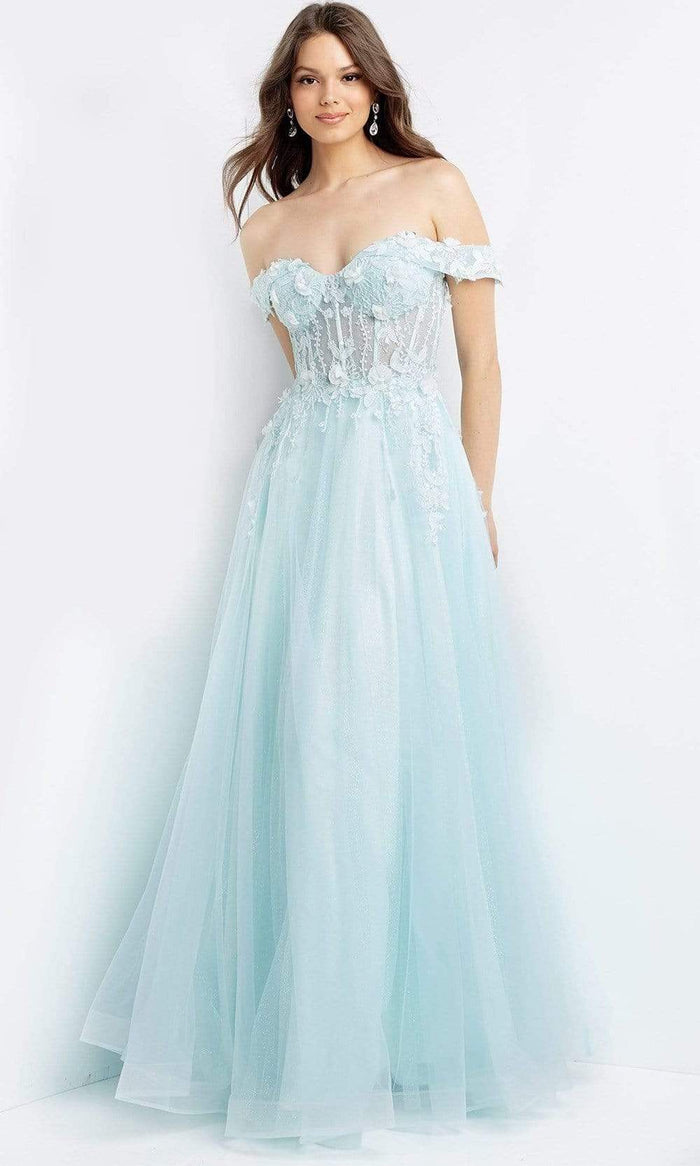 Jovani - JVN08295 Off Shoulder Embroidered Gown Prom Dresses 00 / Aqua