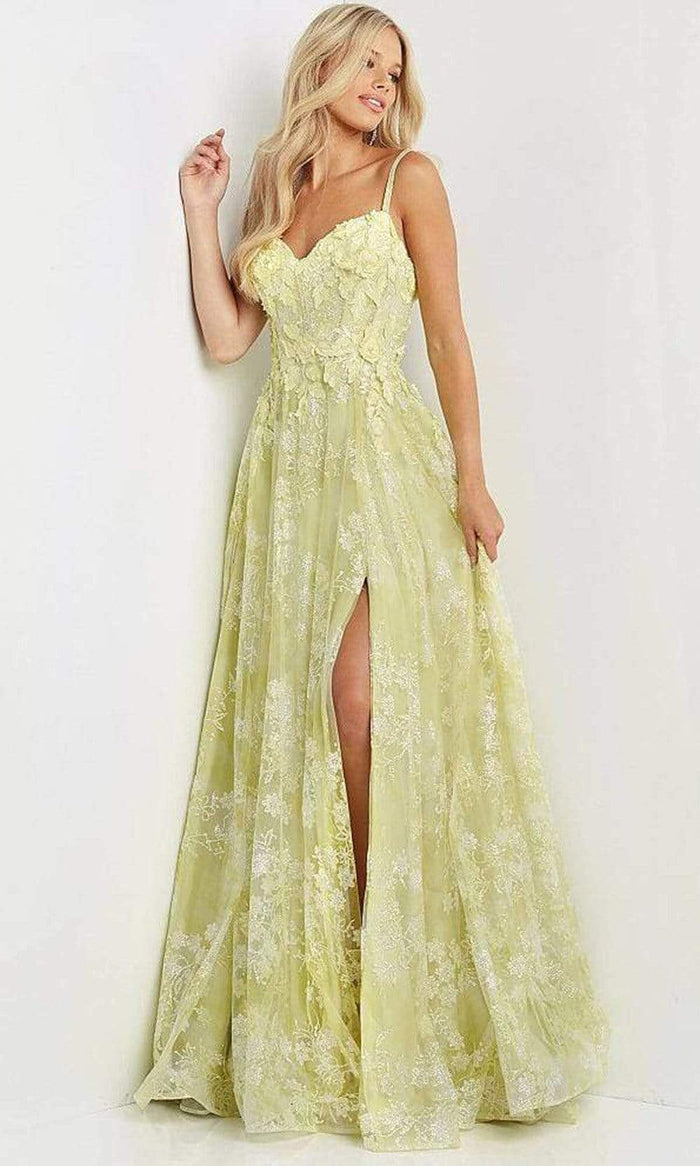 Jovani - JVN08416 Leaf Motif A-line Slit Gown Prom Dresses 00 / Yellow