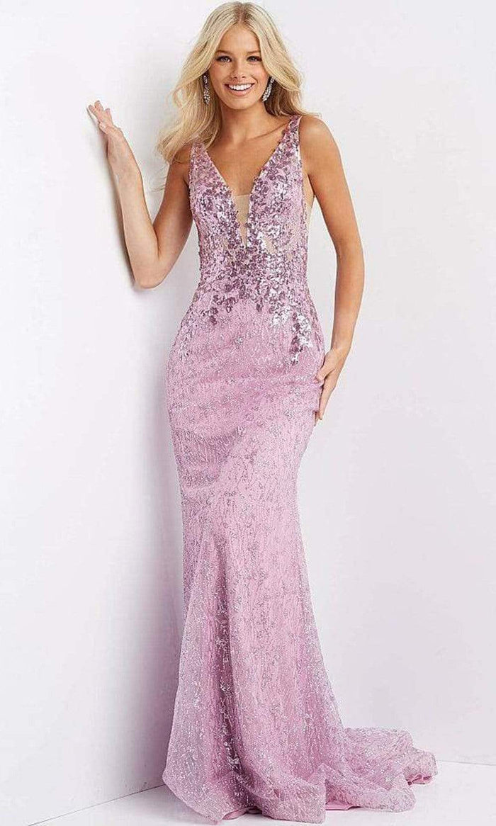 Jovani - JVN08418 Sequin and Glittered V Neck Gown Prom Dresses 00 / Fuchsia