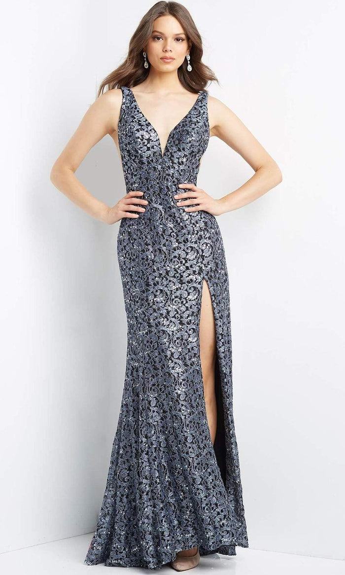Jovani - JVN08512 Plunging V-Neck Embellished Lace Gown Prom Dresses 00 / Black/Blue