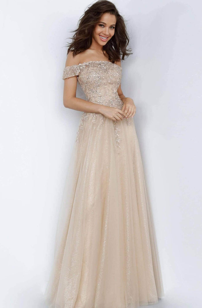 Jovani - JVN2004 Lace Appliqued Off-Shoulder Dress Prom Dresses 00 / Gold
