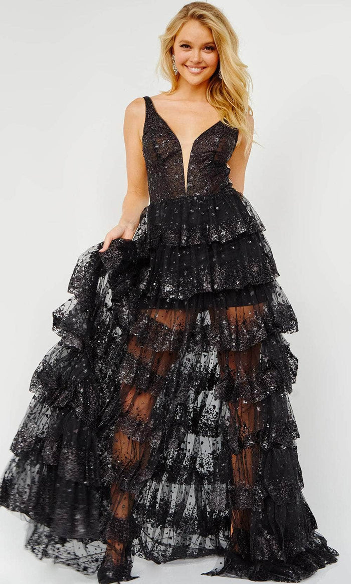 Jovani JVN22904 - Plunging V-Neck Ruffled Prom Gown Prom Gown 00 / Black