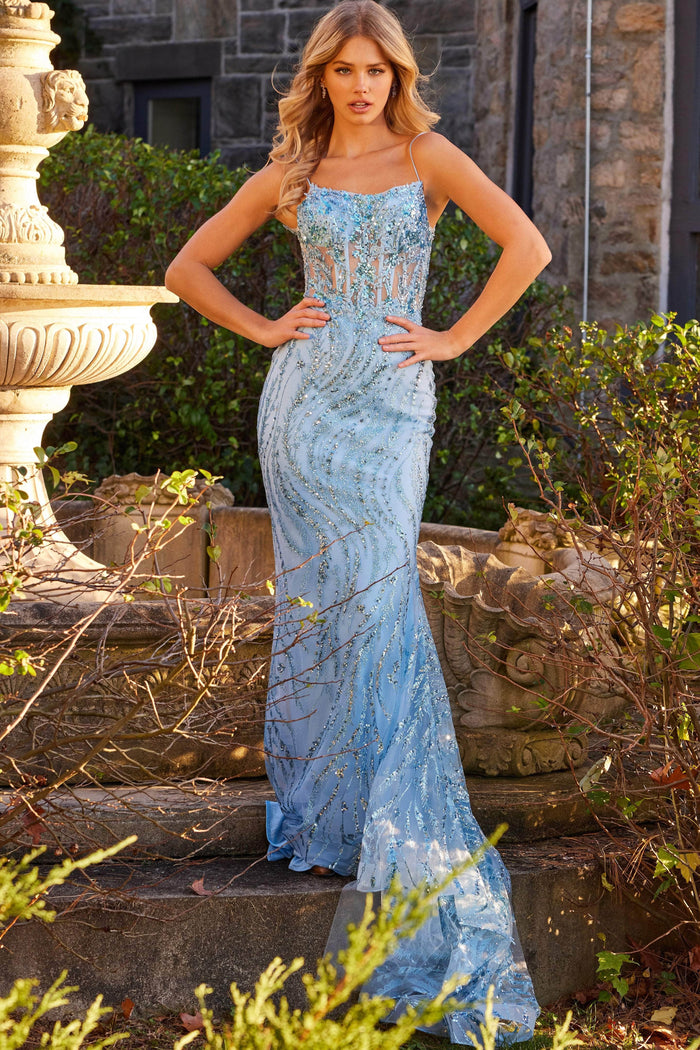 Jovani JVN23250 - Embellished Scoop Neck Prom Gown Prom Dresses 00 / Light-Blue