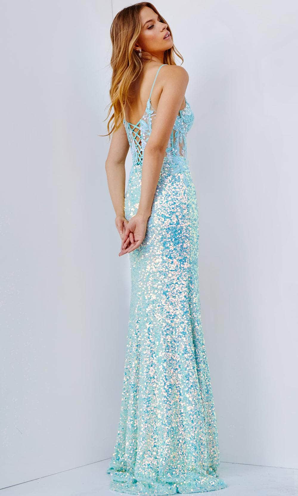 Illusion Neck Storm Blue V-Neck Tulle See-Through Evening Dress