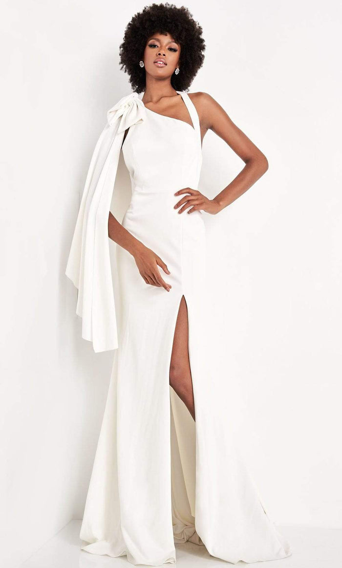 Jovani - JVN2516 Asymmetric Sheath Dress With Slit and Train Evening Dresses 00 / Ivory