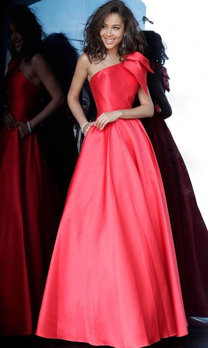Jovani - JVN4355 Bow Accented One Shoulder Ballgown Ball Gowns 00 / Red