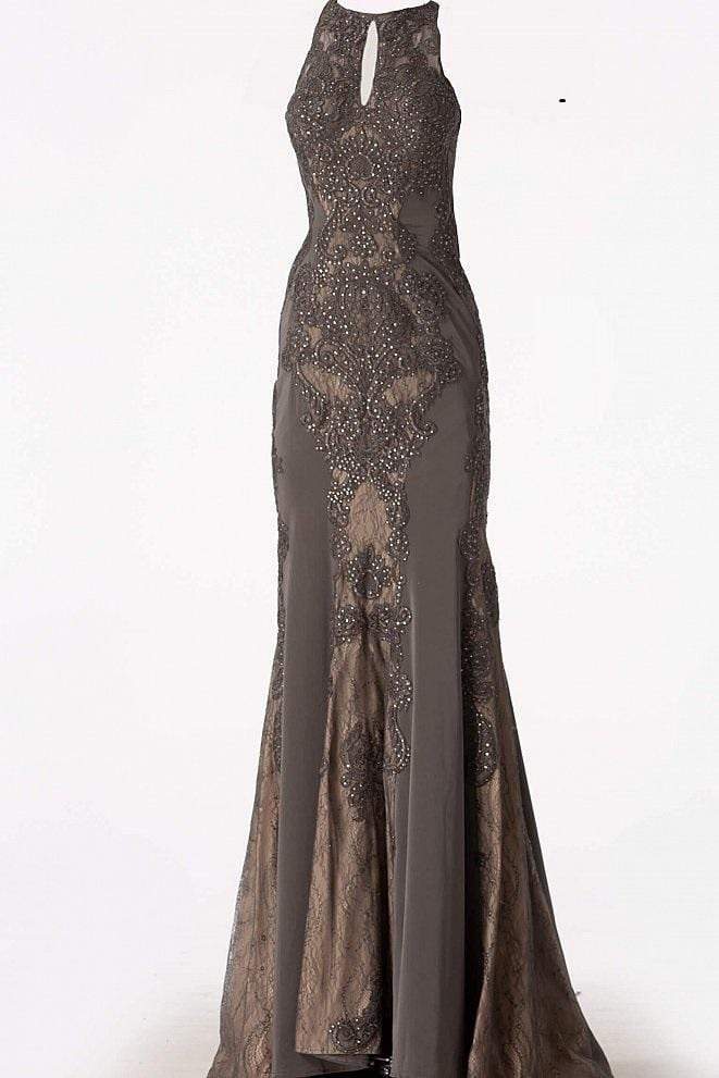 Jovani - JVN55869 Beaded Lace Halter Sheath Dress Prom Dresses 0 / Charcoal