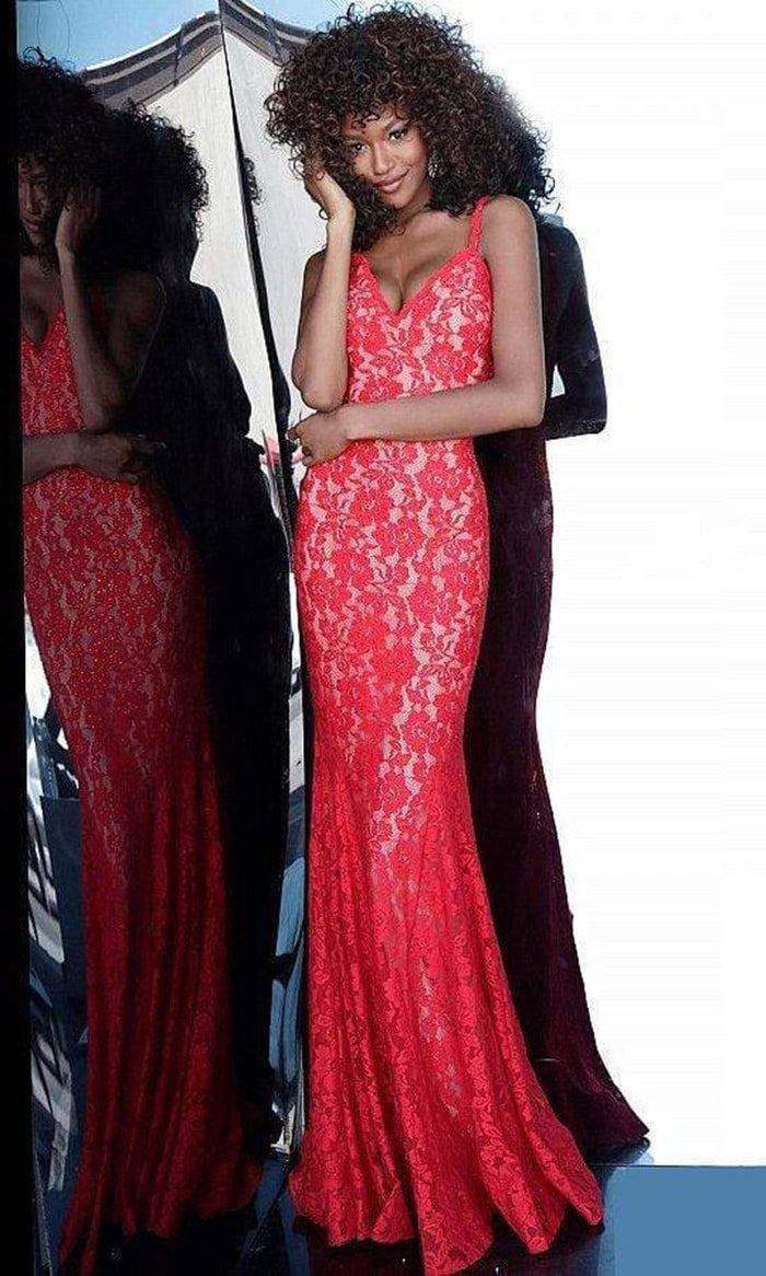 Jovani - Lace V-Neck Trumpet Dress 68005ASC - 2 pc Red In Size 4 and 6 Available CCSALE 4 / Red
